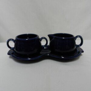 Fiesta 3 Piece Sugar Bowl and Creamer Set with Tray blue made in USA pottery